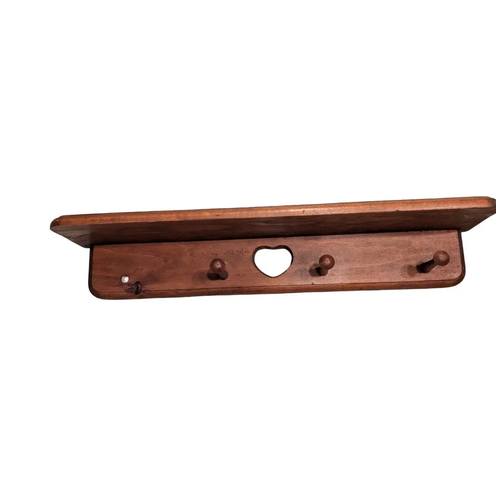 Vtg Wood Wall Shelf Heart Cutout Peg Hook Farmhouse Cottagecore 24 in